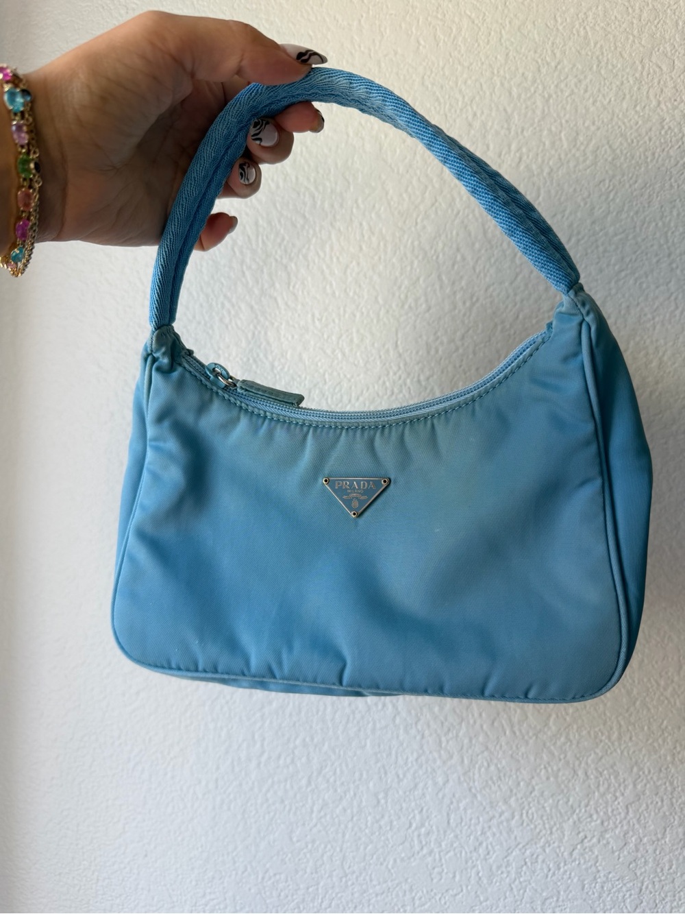 Prada Light Blue Nylon Shoulder Bag with Silver Logo